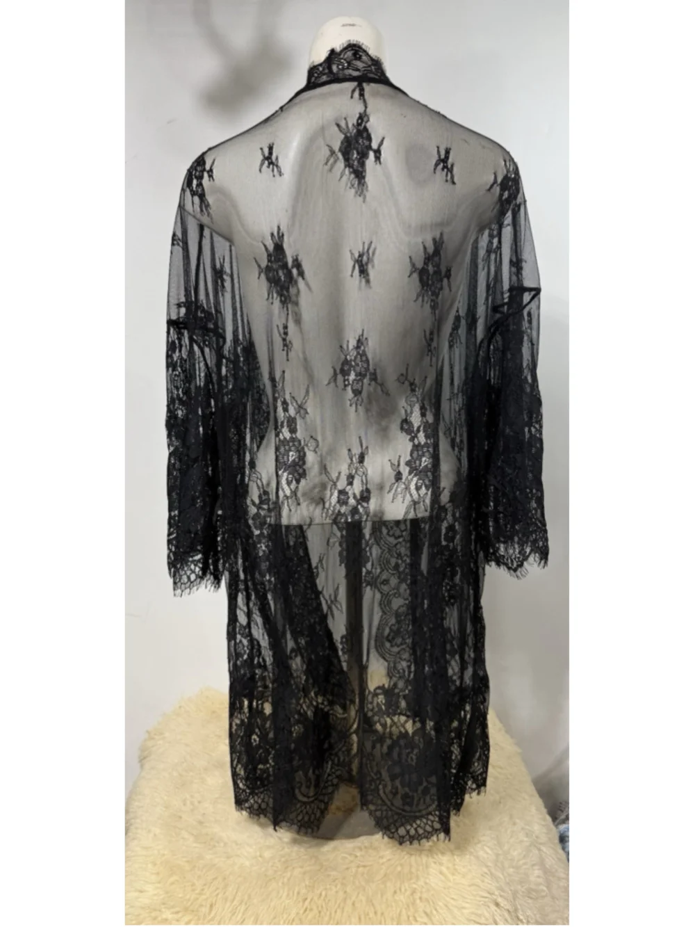 Black Lace Kimono Robe 2XL Sheer Floral Fairycore Boho Lingerie Duster Witchy
